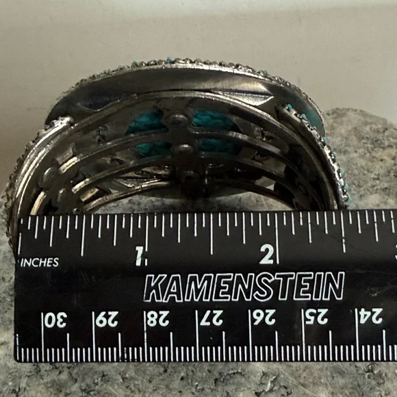 Rare Large Vintage Faux Turquoise Silver Tone Cuff Bracelet - Picture 10 of 12